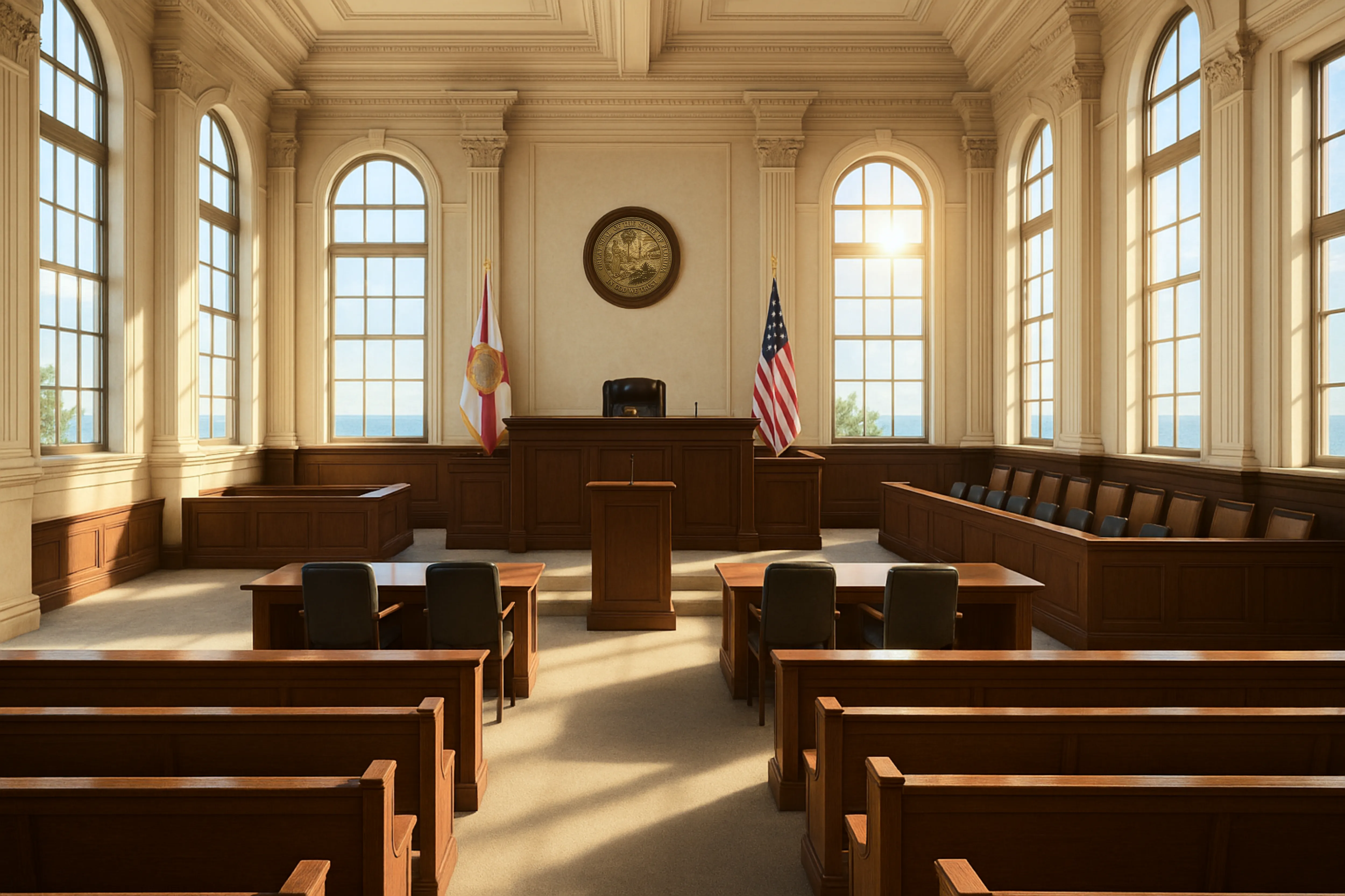 Courtroom setting representing legal defense services